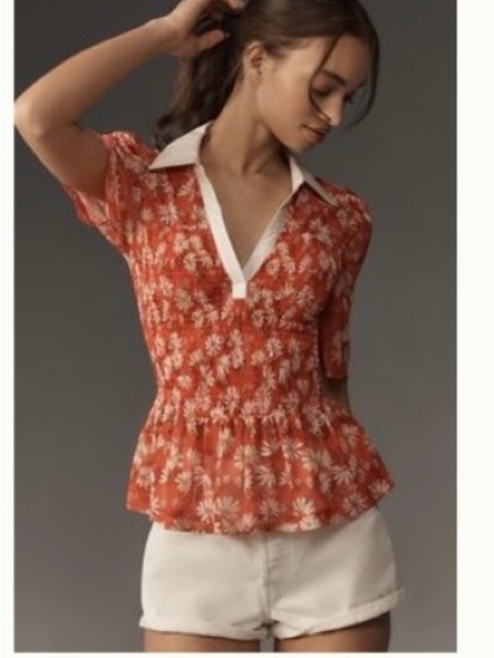 Maeve Rust/Red Floral Smocked Peplum Top with White Contrast Collar